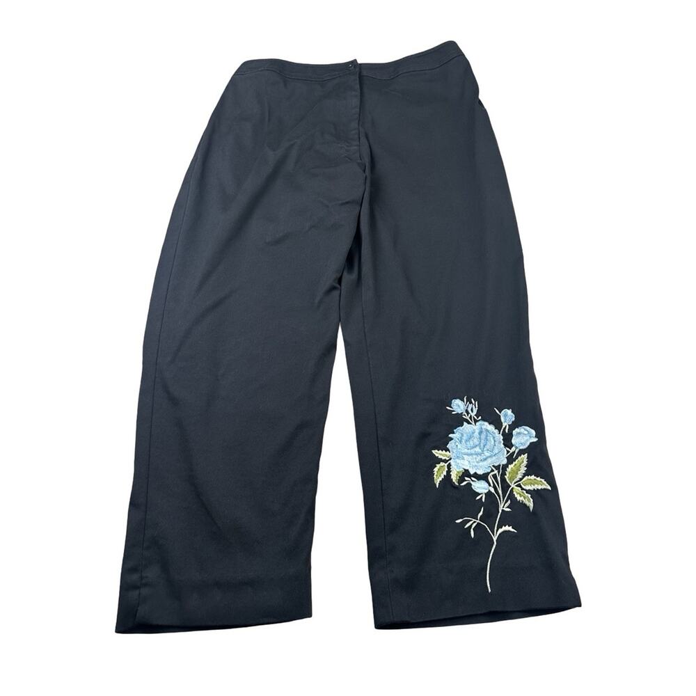 Cache Capri Pants Womens 12 Black Wide Leg Blue Floral Embroidered Crop